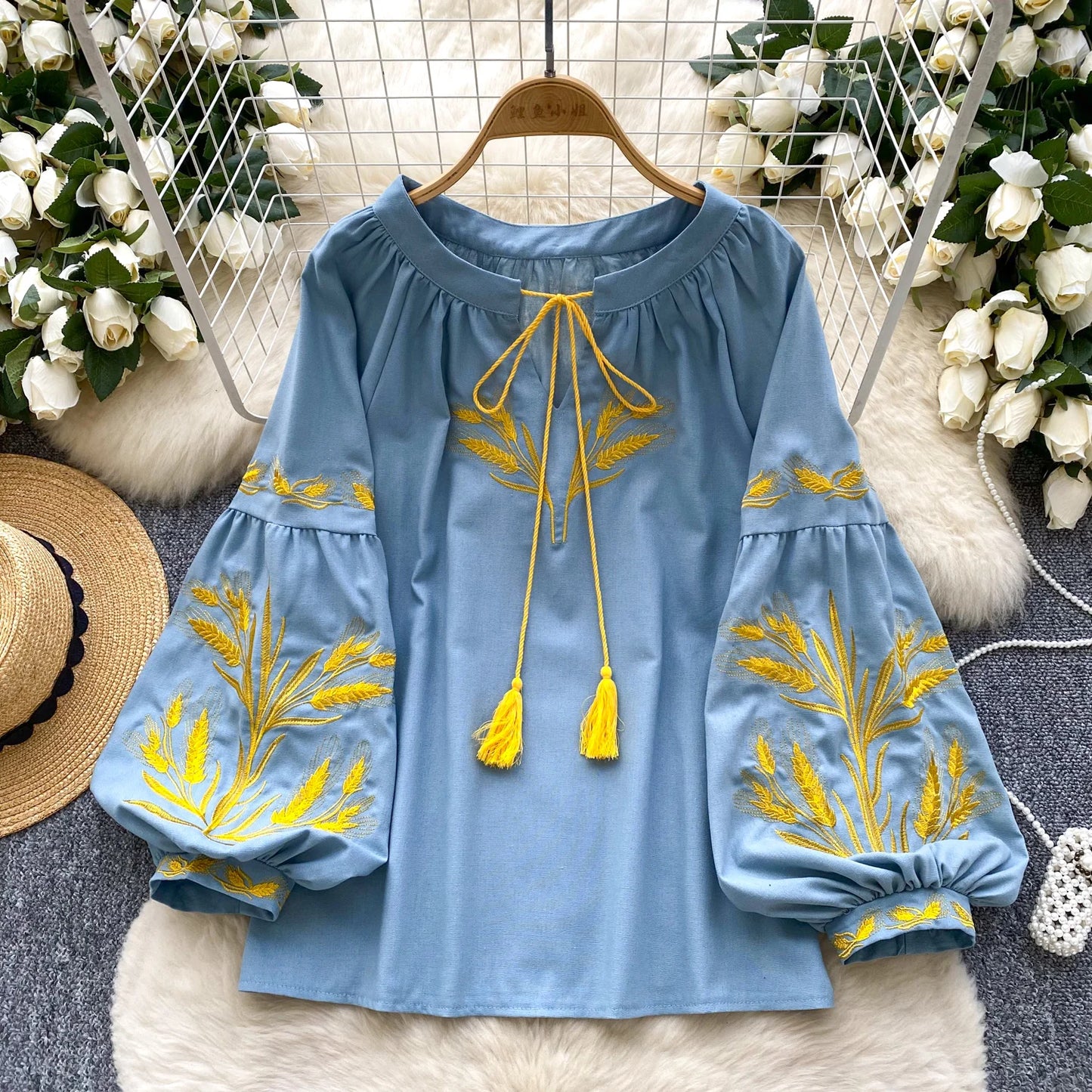 Retro Ethnic Heavy Embroidery Loose Casual round Ne Lantern Sve irt Women's Faionable Base Layer Top