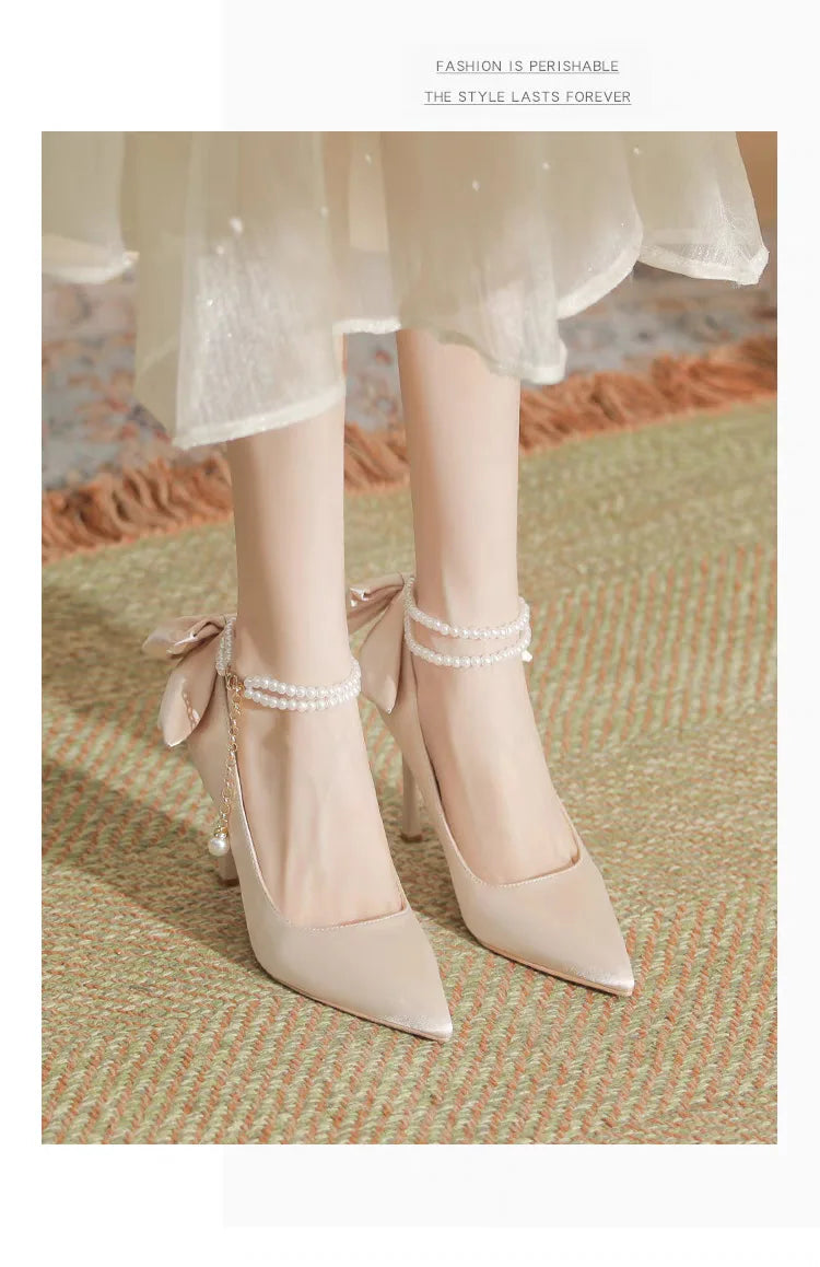 RBB Elegant White Stiletto Heels with Pearl Buckle & Satin Bow – Bridal & Party Pumps (Size 35–40)