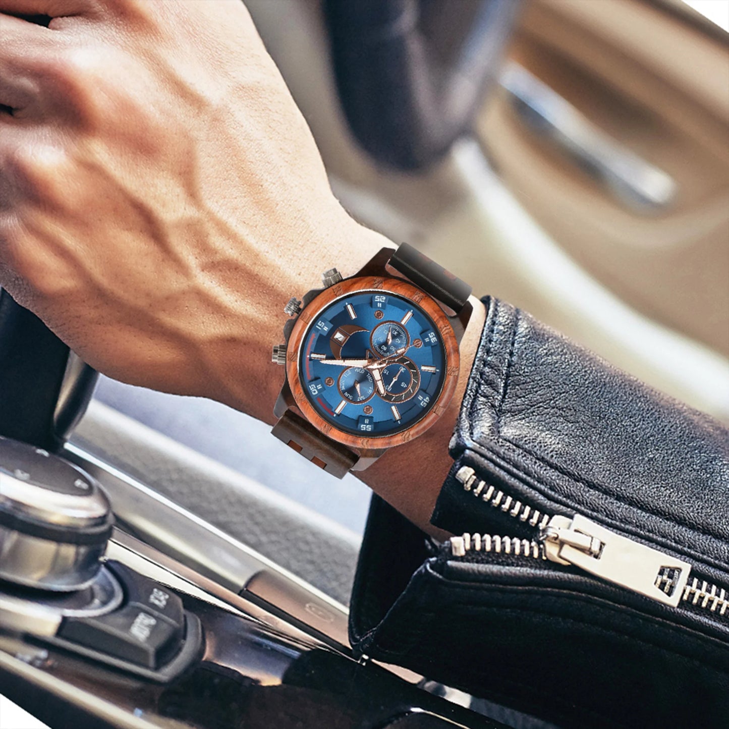 RBB Men’s Wooden Quartz Watch – Date & Week Display with Gift Box