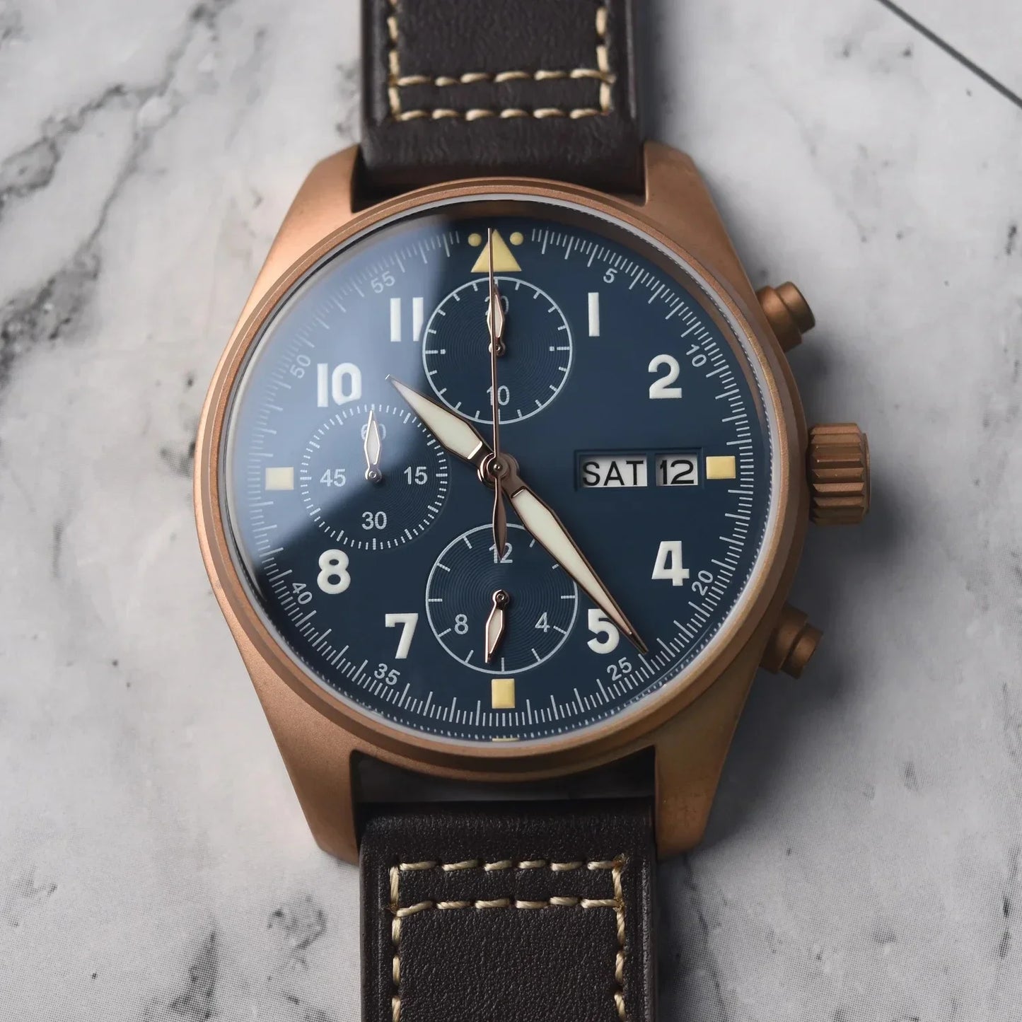 RBB Bronze Pilot Chronograph Watch – 100M Waterproof, Sapphire Crystal, Multifunction Quartz Men’s Wristwatch