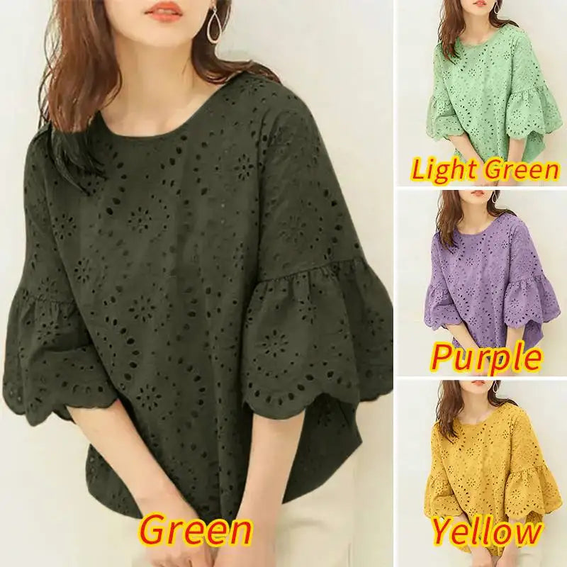 ZANZEA Fashion Summer 3/4 Sleeve Hollow Out Blouse Women Elegant Lace Crochet Tops Casual Loose Embroidery Shirt Work Blusas