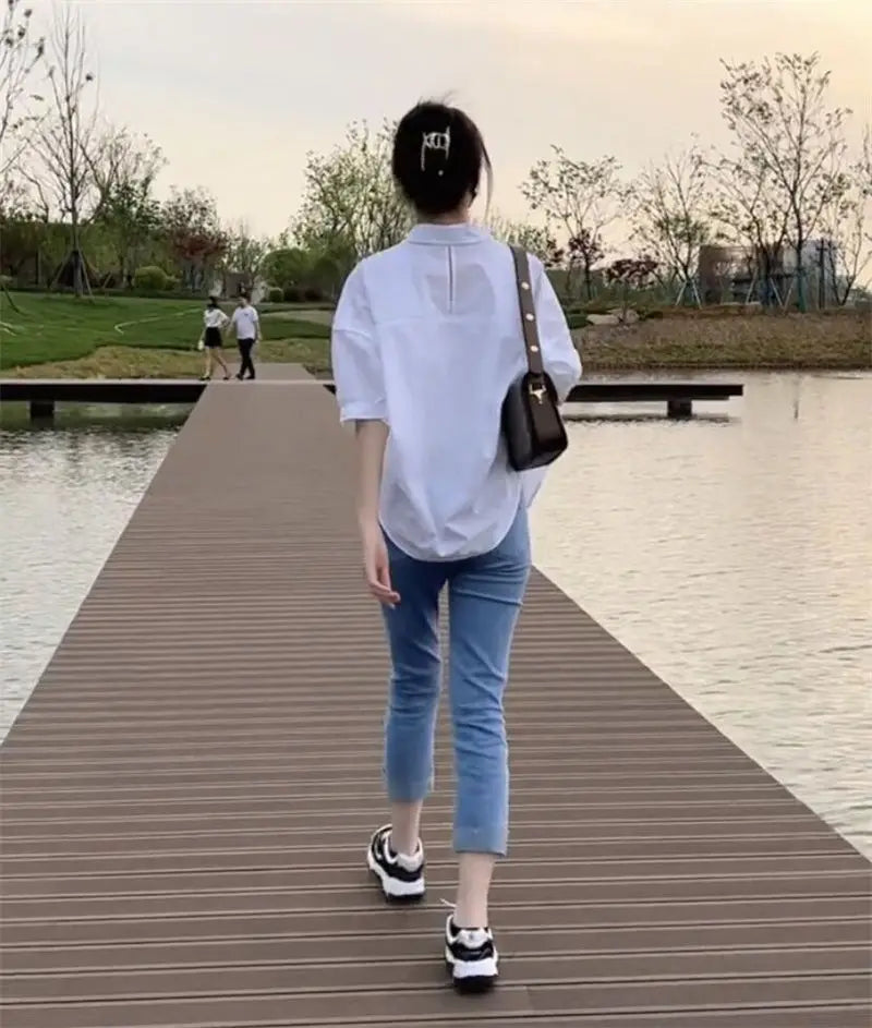 Cotton Mid-sleeve Thin Woman Blous Shir 2025 Summer New Loose Fashion Irregular Shirt Casual Vacation Top Korean Women's Clothes