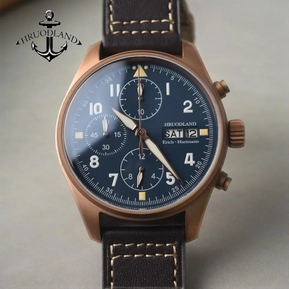 RBB Solid Bronze Men's Quartz Pilot Watch – Chronograph, Sapphire Crystal, 100M Waterproof, Leather Strap