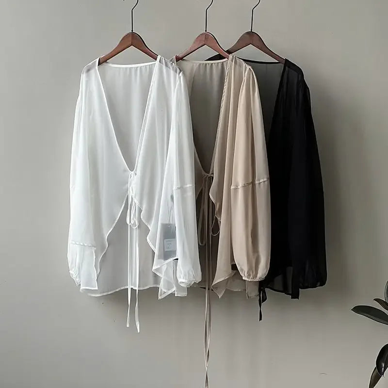 RBB Women's V-Neck Chiffon Shirt – Loose Fit Lace-Up Long Sleeve Summer Blouse