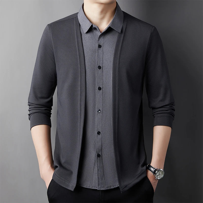 RBB Men’s Casual Long Sleeve Two-Piece Style Shirt – Comfortable Korean Fashion