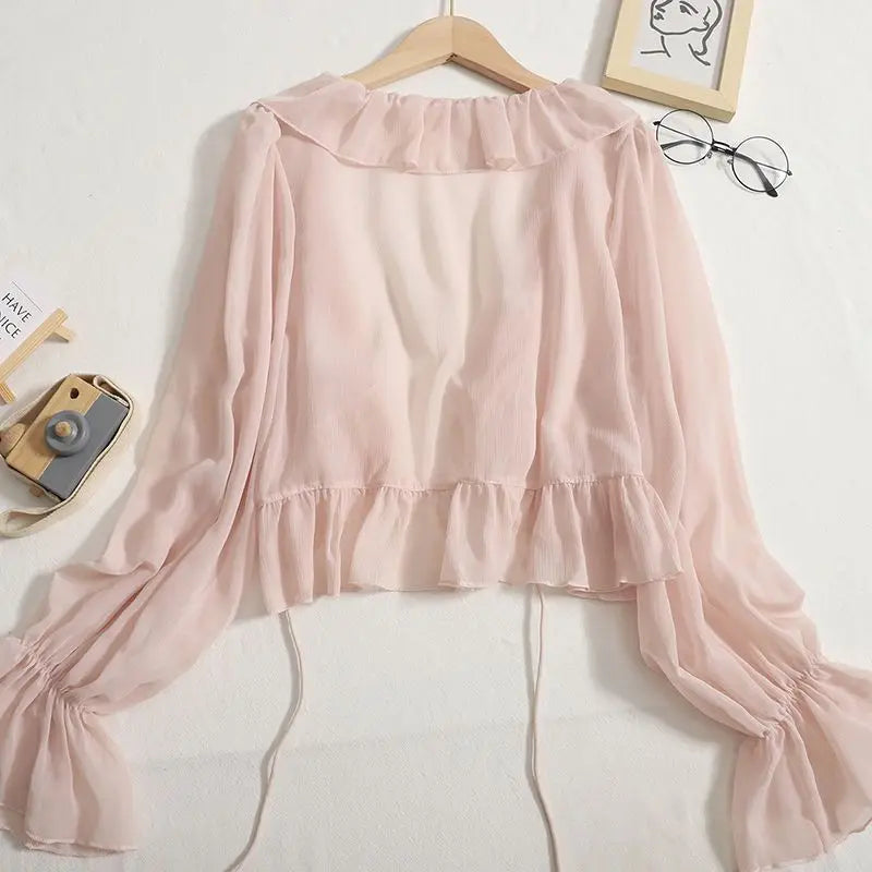Blouses Women Lace-up Summer New Design Thin Trendy Long Sleeve Leisure Sweet Girls All-match Korean Style Tender Streetwear Ins