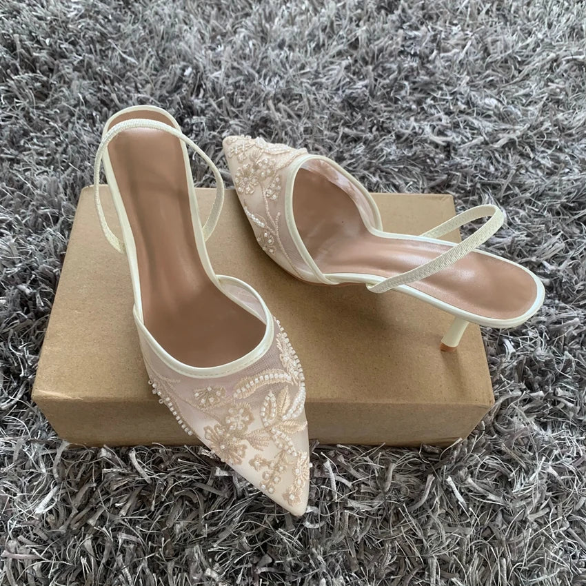 RBB Designer White Wedding Pumps – Embroidered Mesh Floral Slingback High Heels for Women