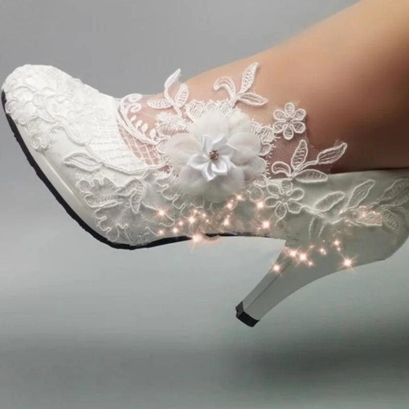 RBB Spring New Round-Toe Waterproof Platform Lace Rhinestone Low-Heel Wedding Shoes – Thin High-Heeled Dress Shoes