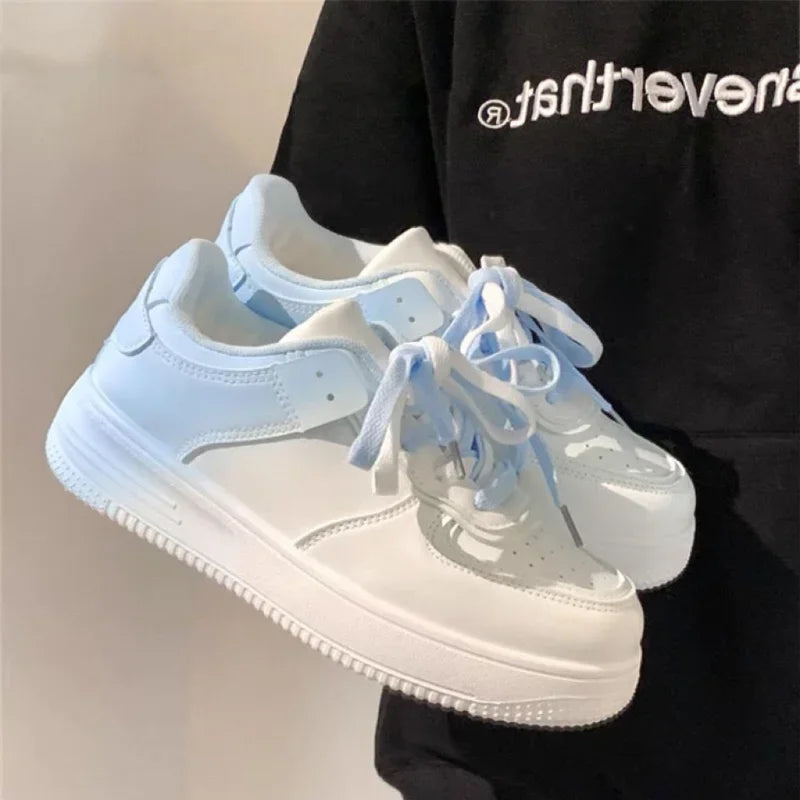 Women’s Casual White Flat Shoes – Spring & Summer 2023, Lightweight Lace-Up Board Sneakers for Students