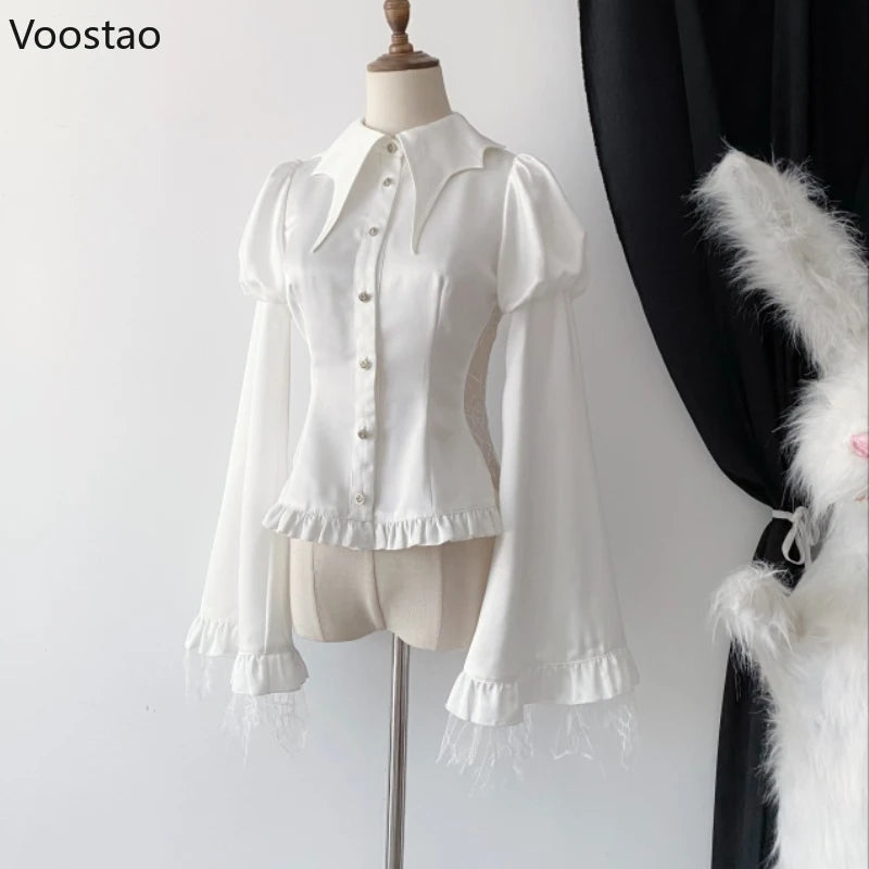 Victorian Vintage Lolita Style Shirt Women Casual Gothic Mesh Lantern Sleeve Slim Blouse Female Y2k Aesthetic Kawaii Tops Blusas