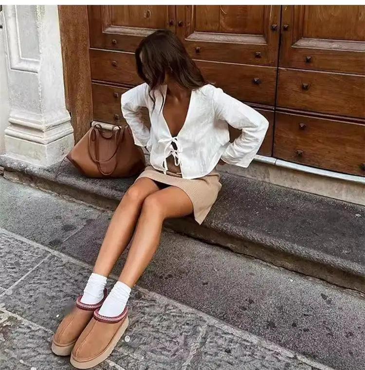 ALOBEE Shirt Women Elegant 2024 New Summer Street Female Comfortable Tops Loose Lace Up Leisure Bow Long Flare Sleeve Lady