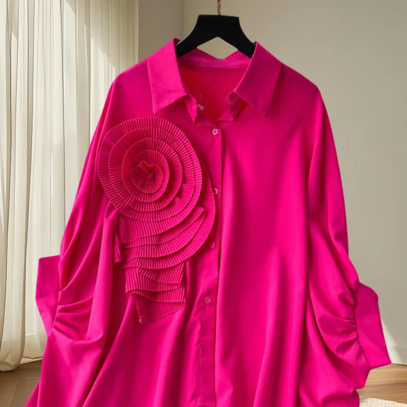 2025,New,European,Clothes,Loose,Blouse,Chic,Turndown Collar,Irregular,Three-dimensional flowers,Women,Batwing Sleeve,Tops,41293