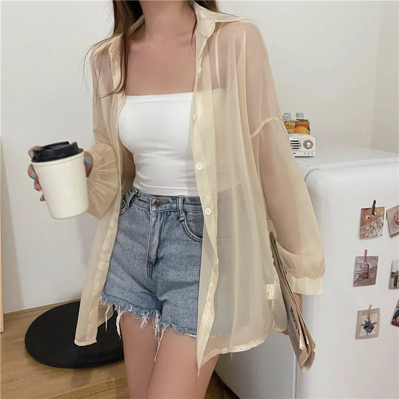 RBB Women’s Semi-Sheer Shimmer Long Sleeve Shirt – Lightweight Button-Down Collared Top for Spring/Summer