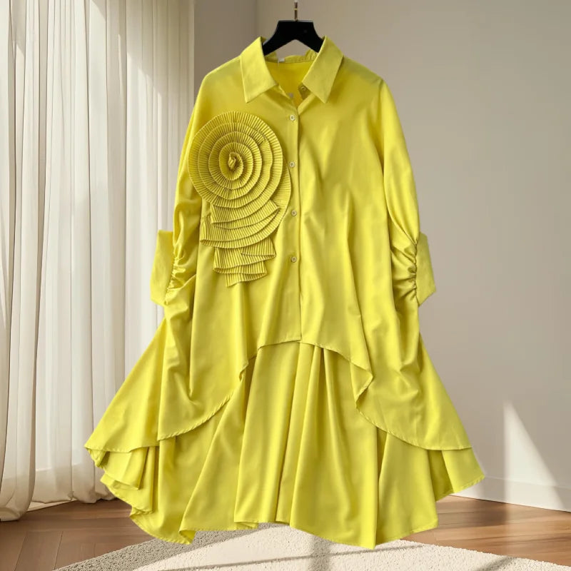 2025,New,European,Clothes,Loose,Blouse,Chic,Turndown Collar,Irregular,Three-dimensional flowers,Women,Batwing Sleeve,Tops,41293