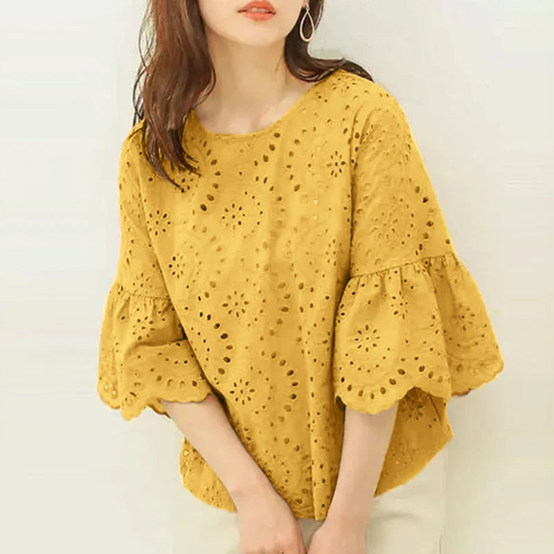 ZANZEA Fashion Summer 3/4 Sleeve Hollow Out Blouse Women Elegant Lace Crochet Tops Casual Loose Embroidery Shirt Work Blusas