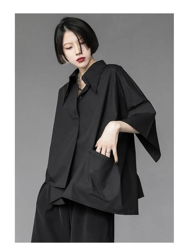2025 Women Shirt Three Quarter Sleeve Blouse Irregular Hem Single breasted Solid Color Loose Lapel Summer Spring Shirt Top