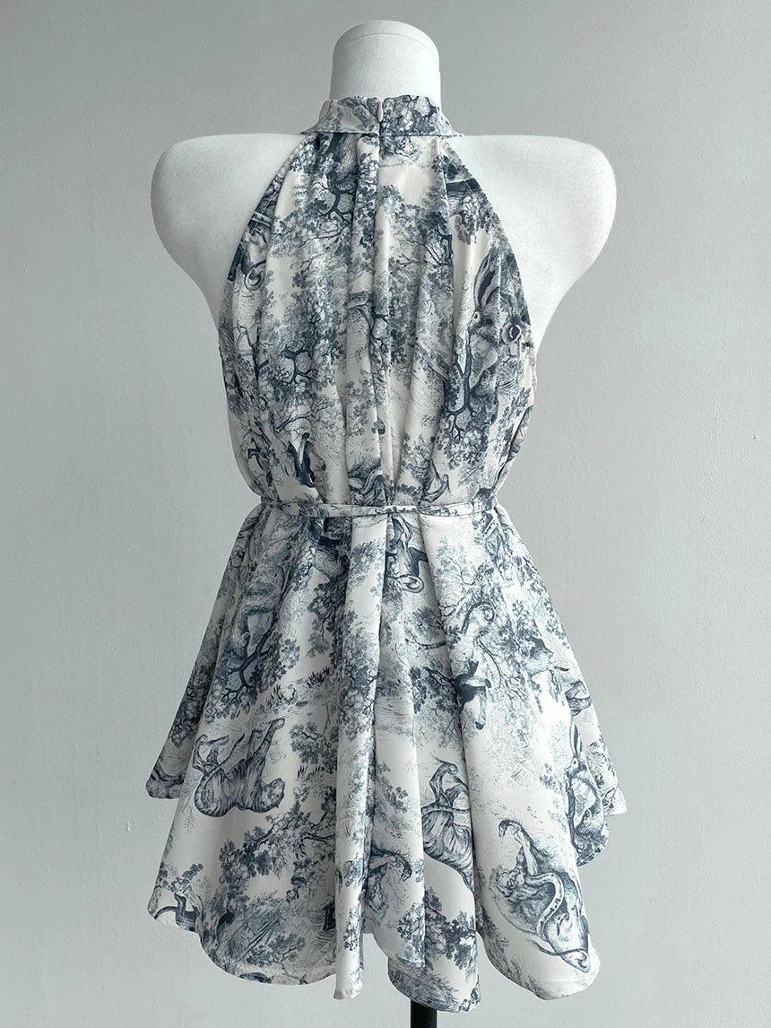 Kimotimo Summer Vintage Stand Collar Print Ladies Tops Korean Chic Lace Up Waist Halter Chiffon Blouses Elegant Fashion Shirts