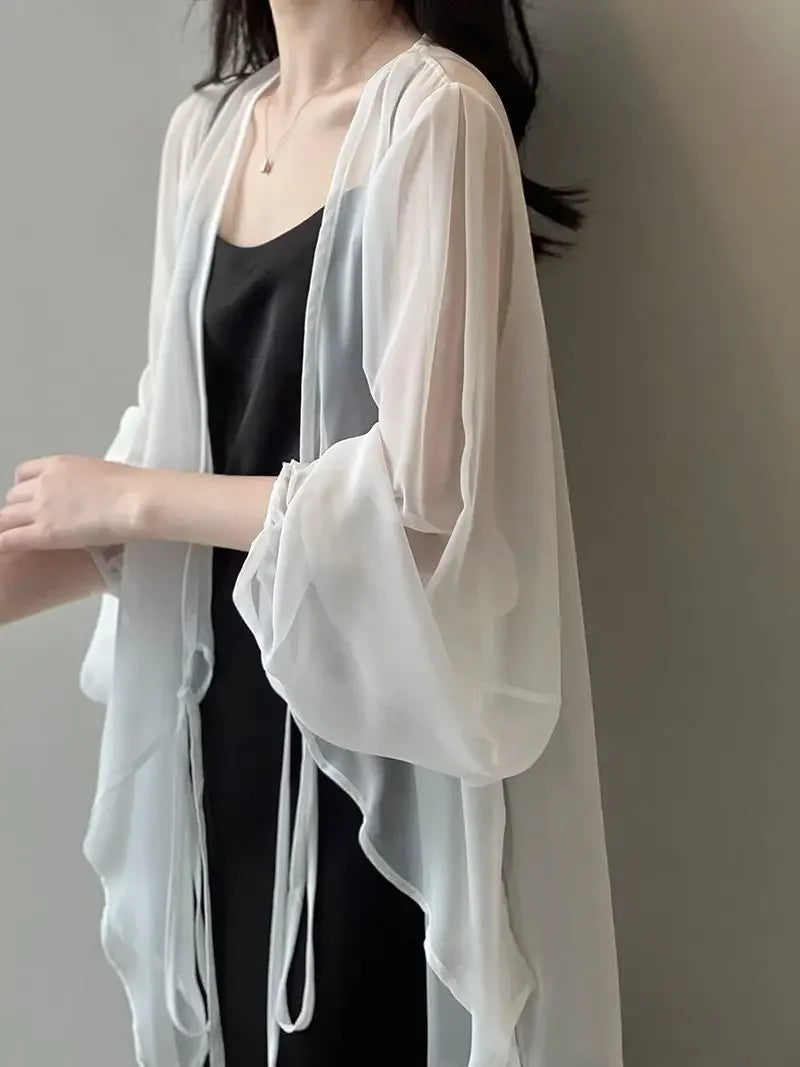 RBB Women's V-Neck Chiffon Shirt – Loose Fit Lace-Up Long Sleeve Summer Blouse