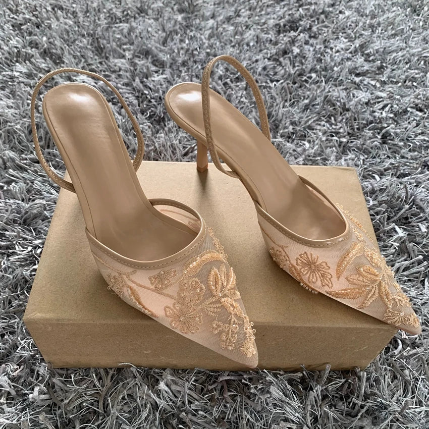 RBB Designer White Wedding Pumps – Embroidered Mesh Floral Slingback High Heels for Women