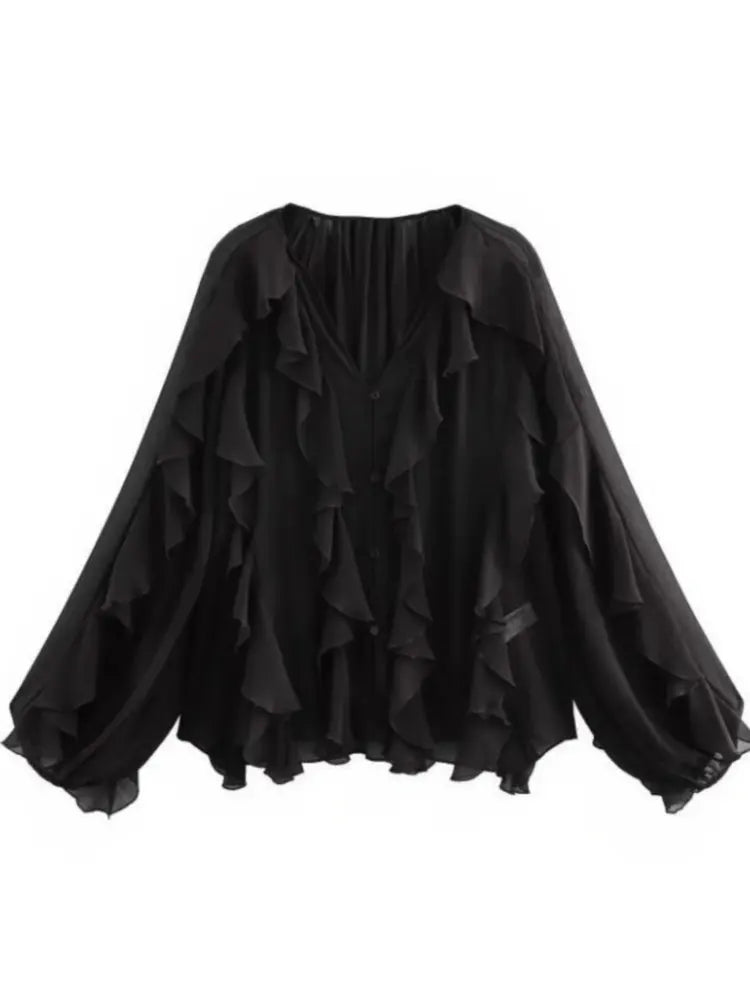RBB Women's Summer V-Neck Ruffle Blouse – Sheer Tiered Button-Front Beach Top