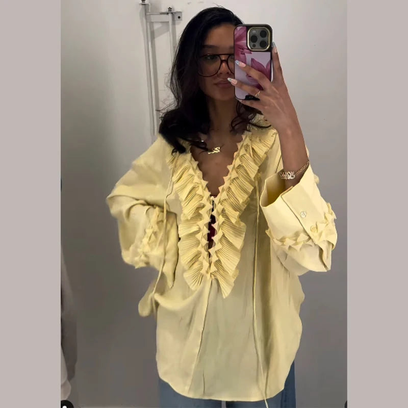 Women Casual Yellow Ruffles Tops Fashion V Neck Lace Up Long Sleeve Loose T Shirt 2025 Summer Lady High Street Commute Clothing