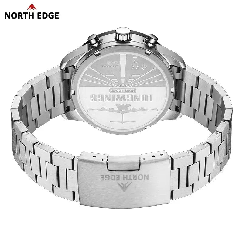 RBB Men’s 2025 Longwings Solar Quartz Pilot Watch – Stopwatch, Luminous, 50M Waterproof, Full Stainless Steel