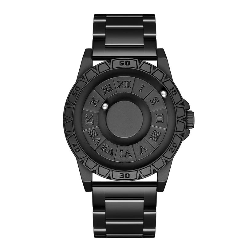 RBB New Men’s Black Stainless Steel Quartz Wristwatch – Magnetic Bead Pointer, Conceptual Dial, Casual Style