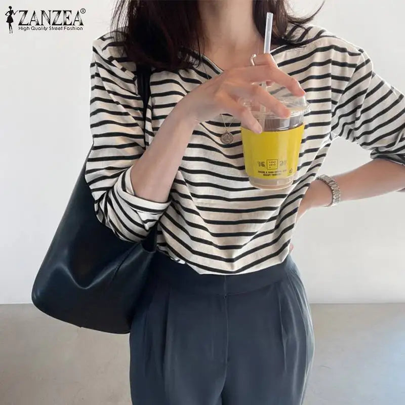 ZANZEA Fashion Striped Blouse Women Elegant Square Neck Long Sleeve Tops Spring Casual Work OL Shirt Female Party Tops Chemise