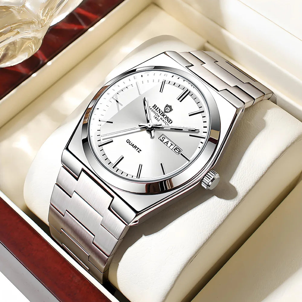 RBB Men’s Luxury Quartz Watch – Stainless Steel, Double Calendar, Waterproof, Business & Leisure Style