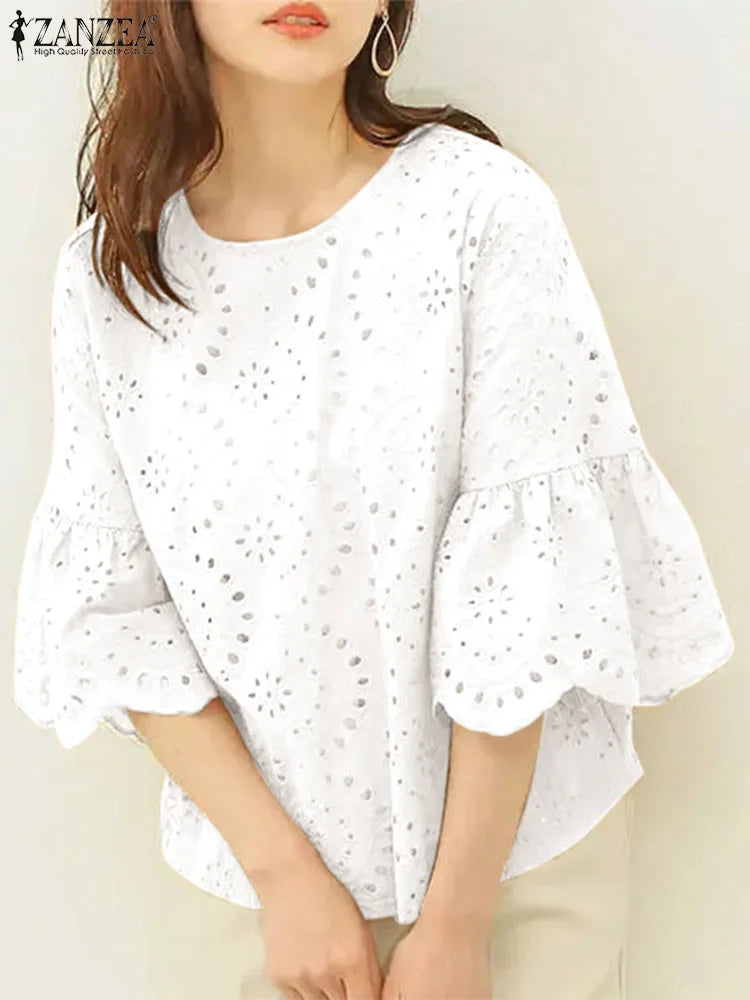 ZANZEA Fashion Summer 3/4 Sleeve Hollow Out Blouse Women Elegant Lace Crochet Tops Casual Loose Embroidery Shirt Work Blusas
