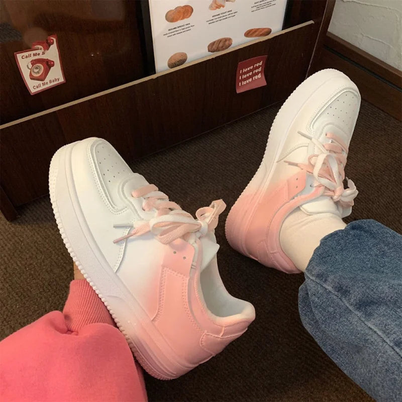 Women’s Casual White Flat Shoes – Spring & Summer 2023, Lightweight Lace-Up Board Sneakers for Students