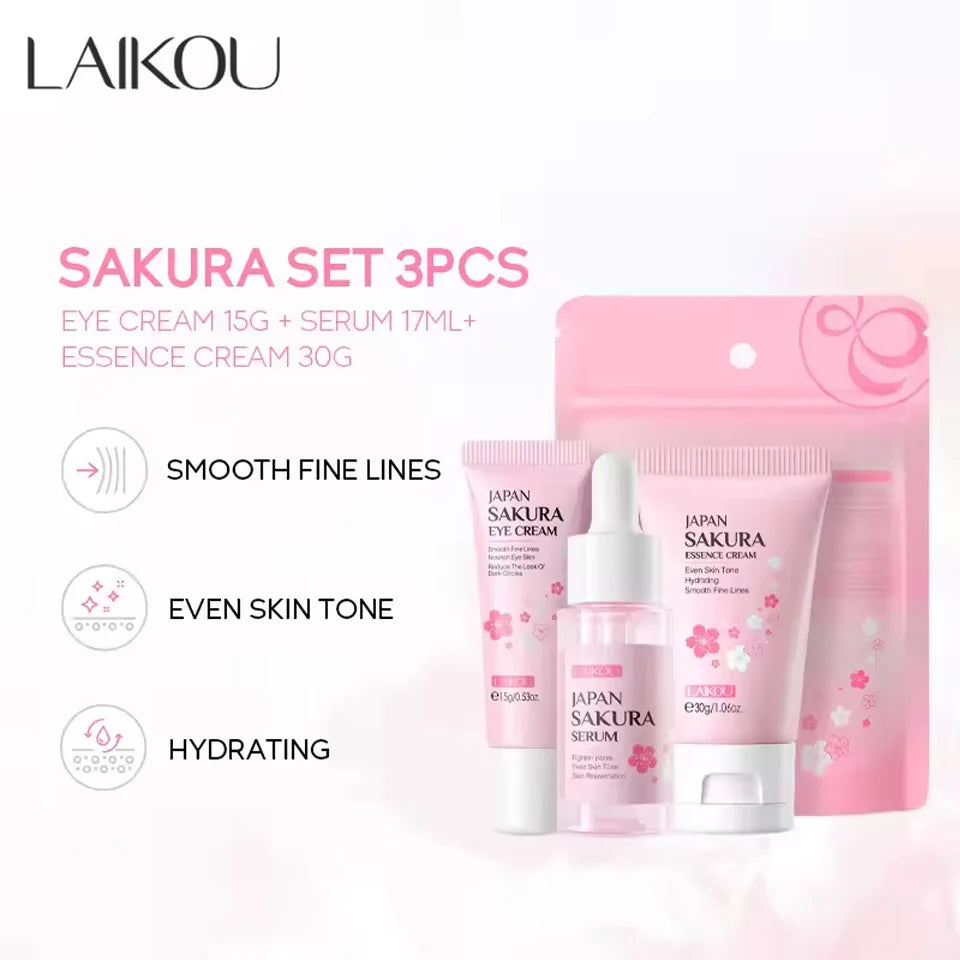 3-Piece Sakura Skincare Set – Cream, Serum & Eye Cream for Daily Moisturizing