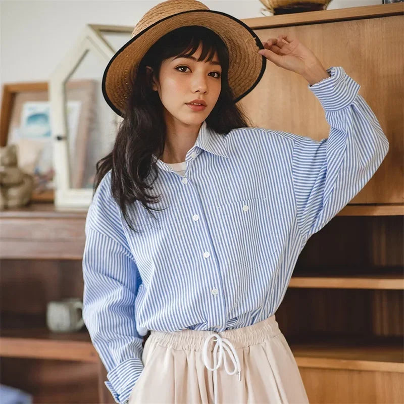 RBB Women's French Classic Striped Shirt – Oversized Long Sleeve Blouse