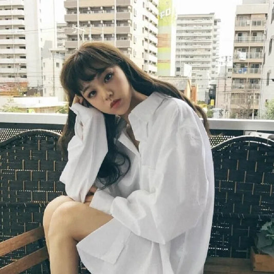 RBB Women's Oversized Minimalist White Shirt – Long Sleeve Button-Up Tunic Blouse