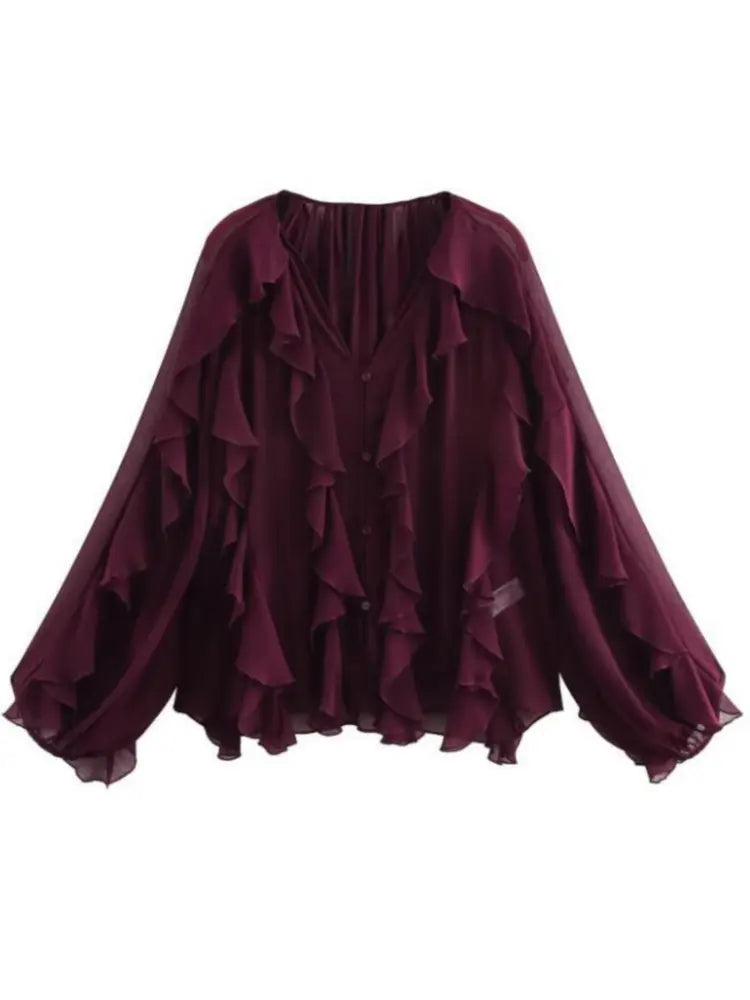 RBB Women's Summer V-Neck Ruffle Blouse – Sheer Tiered Button-Front Beach Top