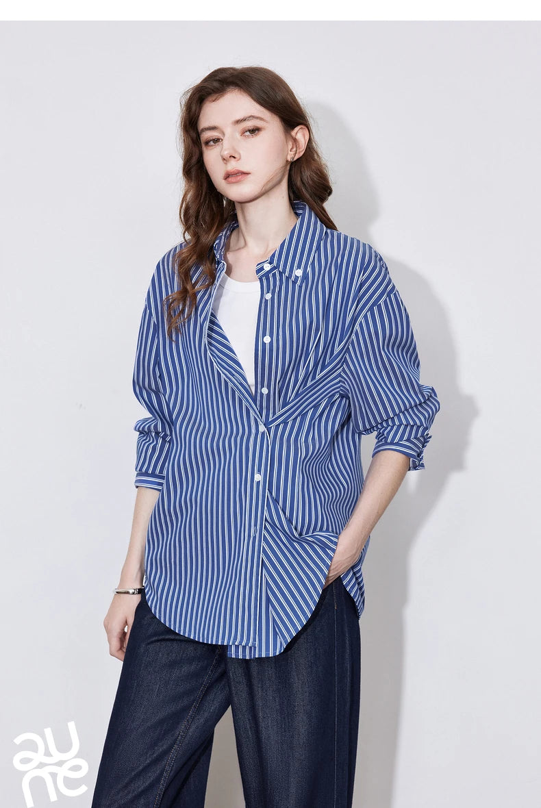 TOYOUTH Women Blouse Shirt 2025 Spring New Lyocell Long Sleeve Striped Cotton Sunscreen OL Shirt Tops
