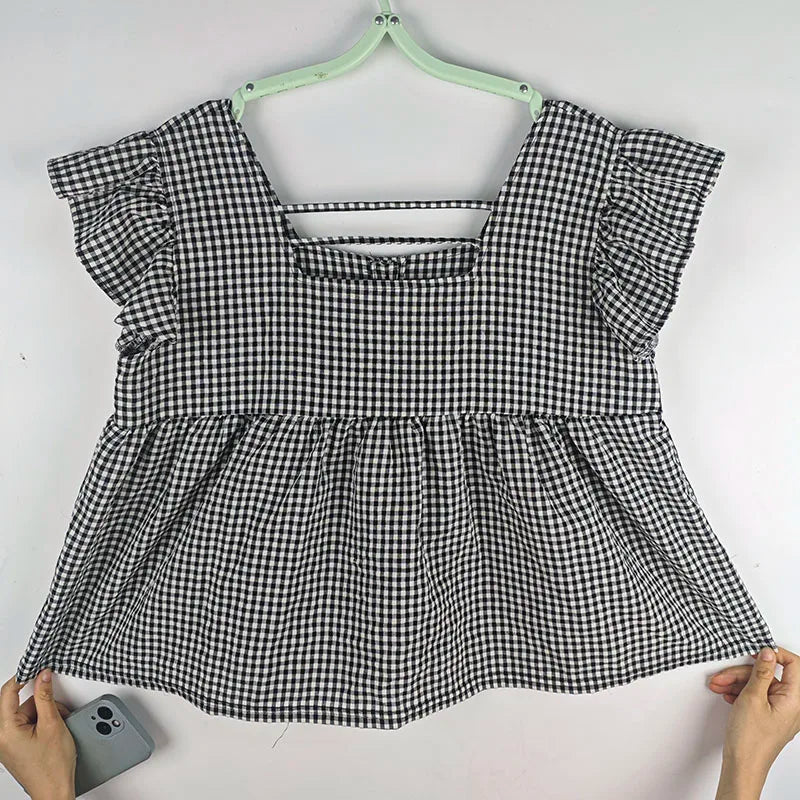 Women's Korean Style Cotton Summer Shirt - Breathable Square Neck Checkered Cute Loose Top with Small Flutter Sleeve