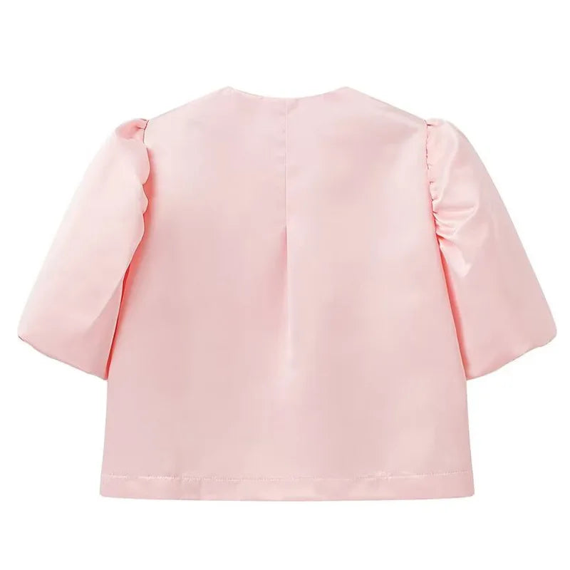 Spring Summer New Women's Fashion Casual Shirt Satin Bubble Sleeves Round Neck Loose Short Top Female Elegant Solid Blouses