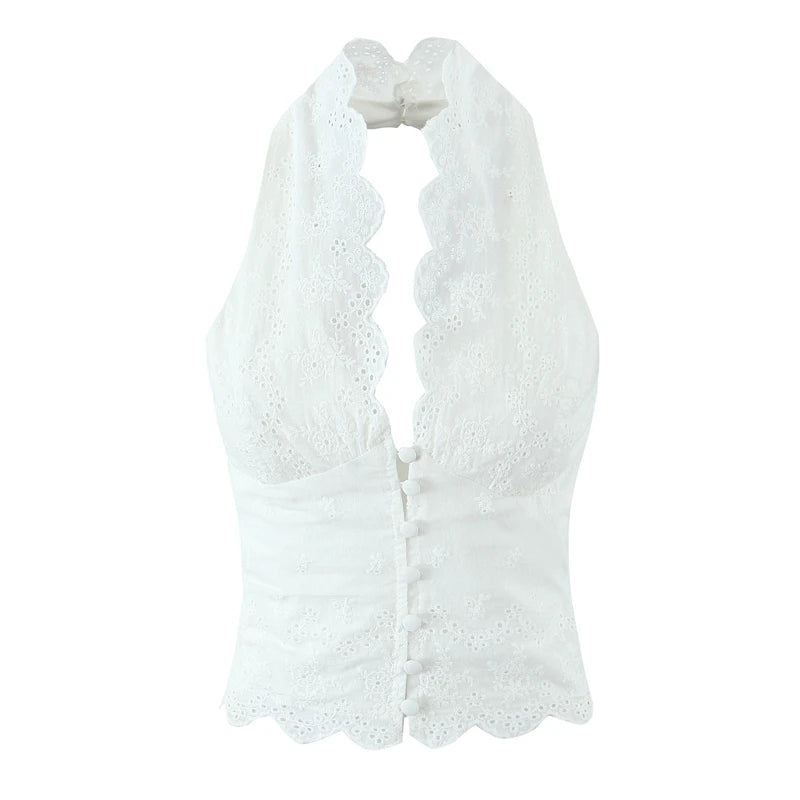 XNWMNZ 2024 Winter New Woman Elegant Halter Collar Waistcoat Vest Trendy Autumn Lady Sleeveless Gilet Hollow Out Regular Fit Top