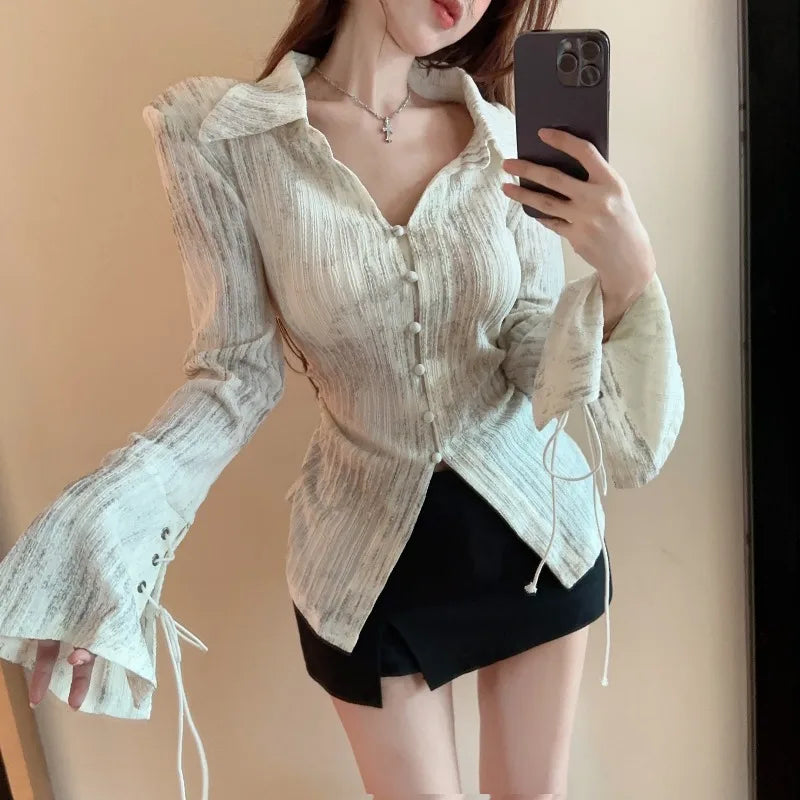 French Style Flare Sleeve Shirts for Women Retro Chic Lace-up Spring Autumn Elegant Feminine Sexy Tops Aesthetic Clothes Popular