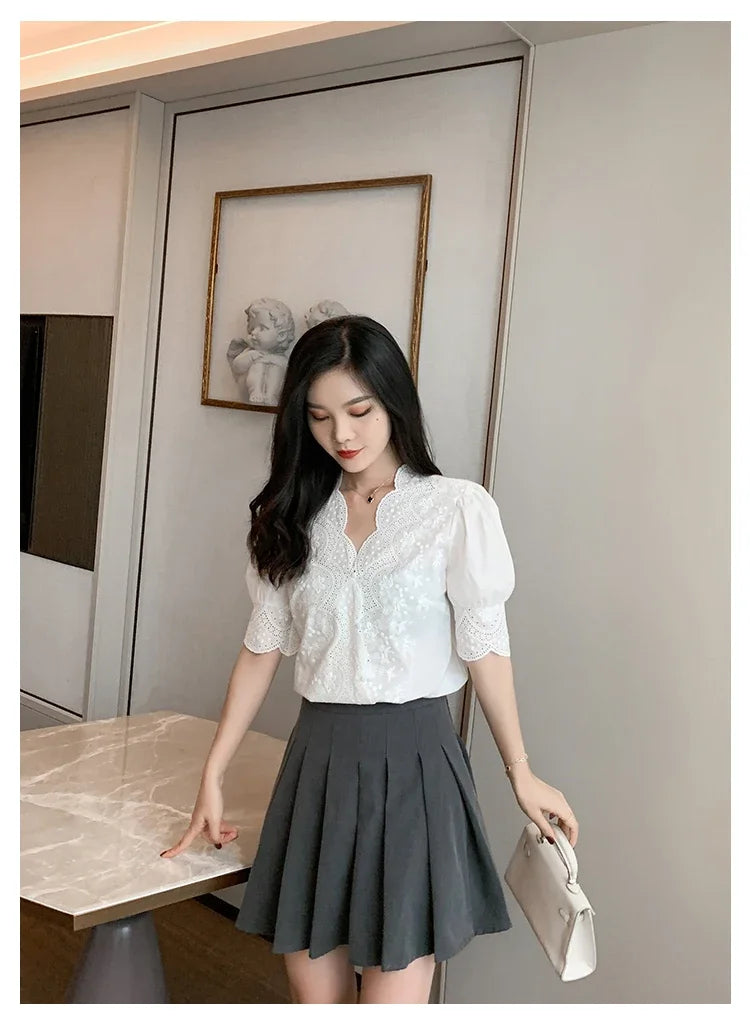Summer Embroidery Puff Sleeve Linen Cotton Women Blouse Spring Casual White Hollow Out Tops Short Sleeve Shirt