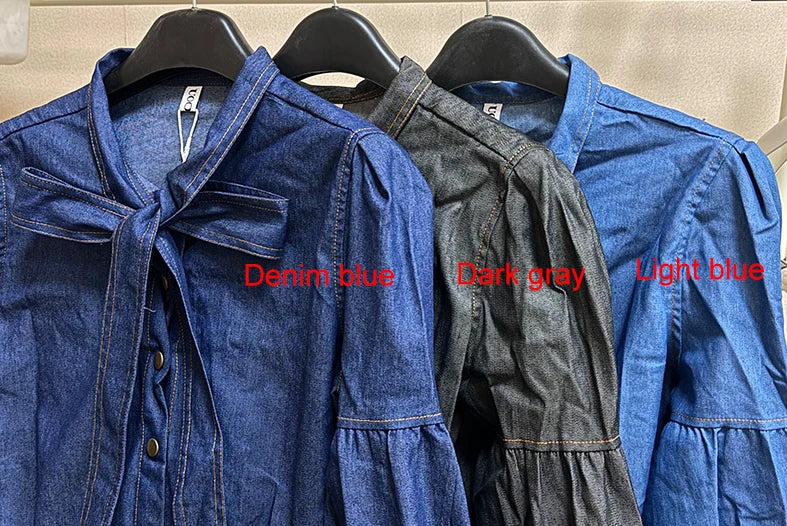 RBB Women's Imitation Denim Blouse – High Neck Puff Sleeve Top with Bow Detail