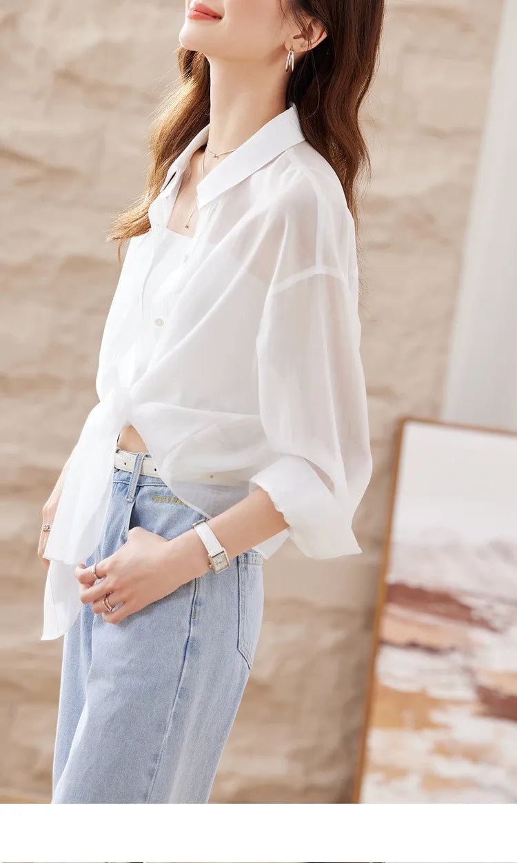 SENTUBILA Sheer Knot Shirts Women 2025 Elegant Casuals Long Drop Sleeve Button Up Shirts & Blouses Female Clothes 132C48674