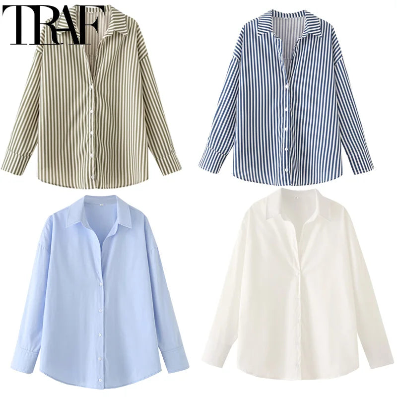 TRAF 2025 Women's Shirt Long Blue Shirt Women Spring Long Sleeve Oversize Shirts Blouses Korean Style Casual Button Up Shirts