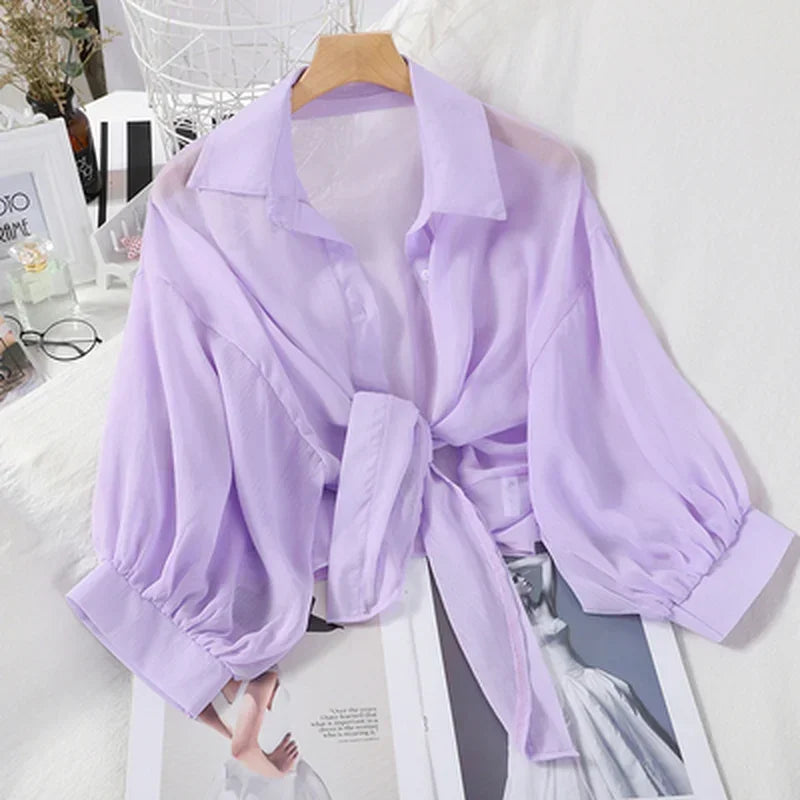 RBB Women's Elegant Hollow Blouse – Tied Waist Chiffon Shirt with Bat Half Sleeves (Summer