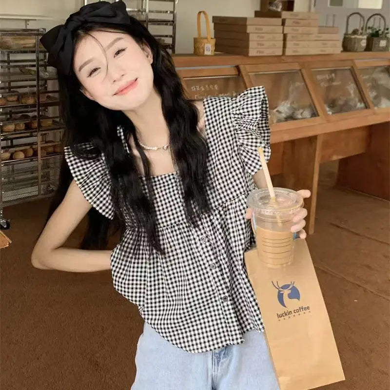 Women's Korean Style Cotton Summer Shirt - Breathable Square Neck Checkered Cute Loose Top with Small Flutter Sleeve