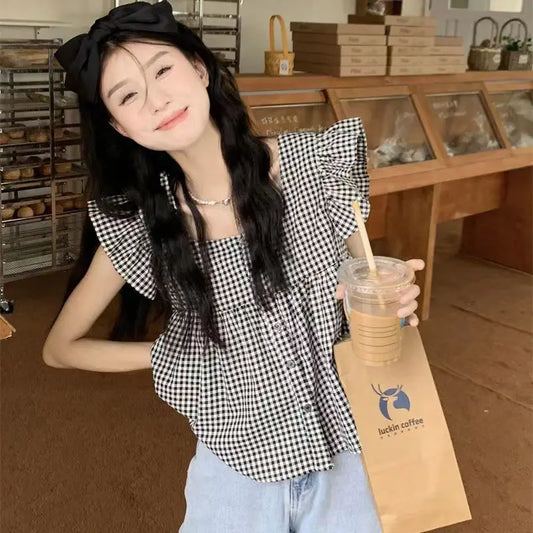 Women's Korean Style Cotton Summer Shirt - Breathable Square Neck Checkered Cute Loose Top with Small Flutter Sleeve