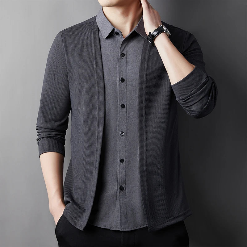 RBB Men’s Casual Long Sleeve Two-Piece Style Shirt – Comfortable Korean Fashion