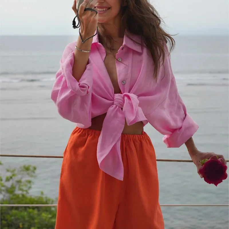 Epligg Women's White Shirt Long Sleeve Elegant Pink Loose Fashion Blouse Summer Vintage Basic Top Collar Shirt for Women