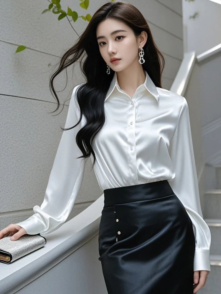 Elegant Silk Office Shirts Women Korean Fashion Y2k Clothes Slim Long Sleeve White Black Blusas Mujer Workwear Tops and Blouses